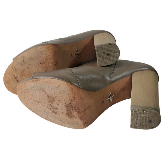 Pour La Victoire Gray Leather Peep Toe Slide Wood Block Heel Women Shoe Size 8.5 - Picture 9 of 10